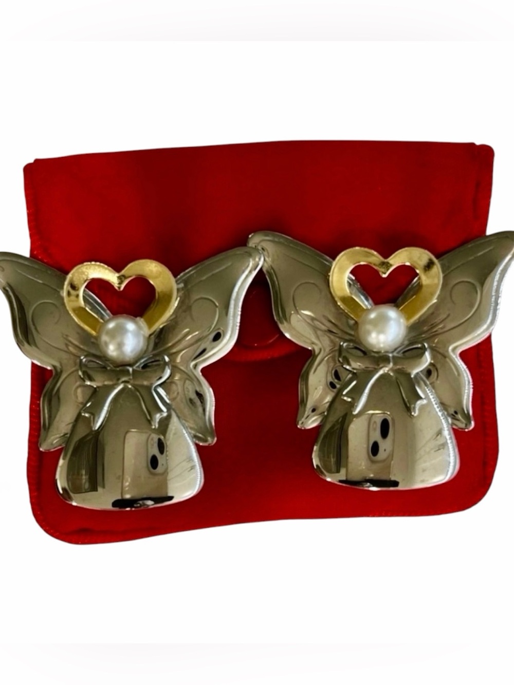 VTG Statement Two Tone Silver Gold Heart Angel Butterfly Earrings Signed Vintage